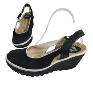 Fly London Ylux Black Suede Wedge Slingback Sandals Size EU 39 US 8-8.5